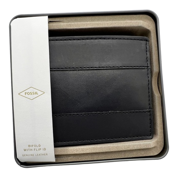 New FOSSIL Leather Wallet Bi-fold Flip ID Dark Brown Tin Box - Picture 5 of 8